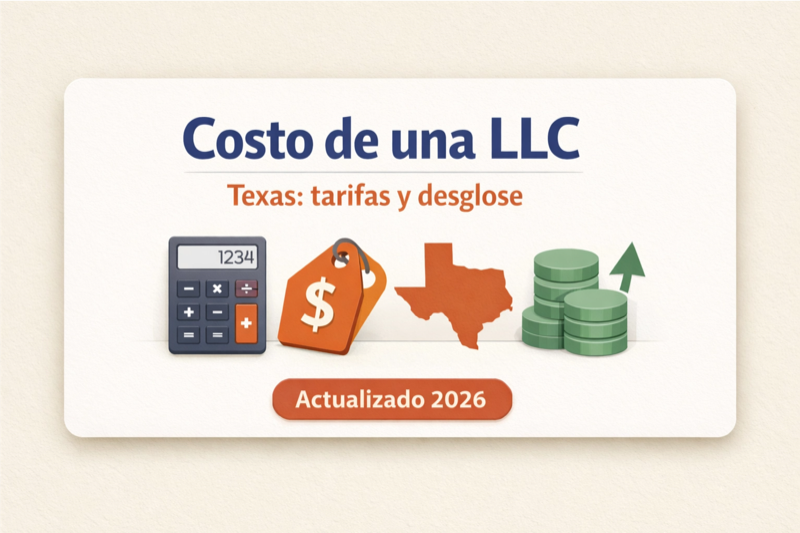 Desglose de costos para formar una LLC en Texas: calculadora, etiqueta de precio, mapa de Texas y monedas con datos actualizados 2026