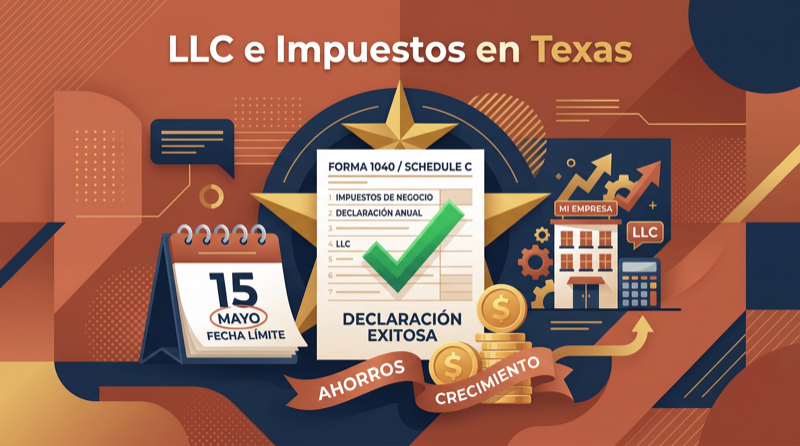 Impuestos y LLC en Texas: iconos de formularios fiscales con texto explicativo en espanol sobre como tributa una LLC de un miembro
