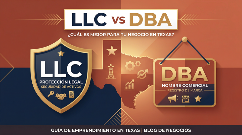 Comparacion visual entre LLC y DBA en Texas: iconos de proteccion legal, documentos y nombre comercial con texto explicativo en espanol