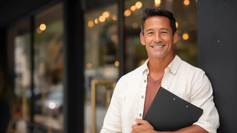 Emprendedor hispano con documentos de LLC frente a su negocio